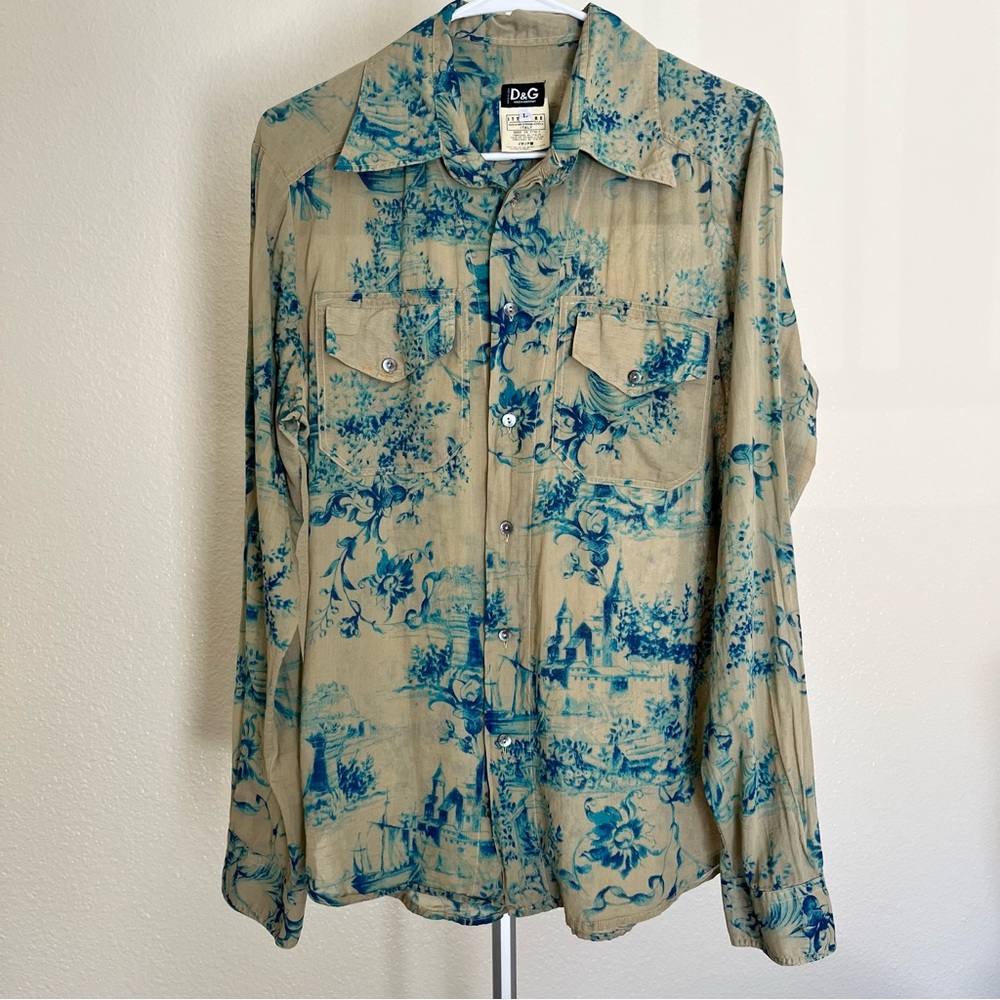 Vintage  1998 Dolce & Gabbana Toile De Jouy Beige & Bleu Shirt Size L